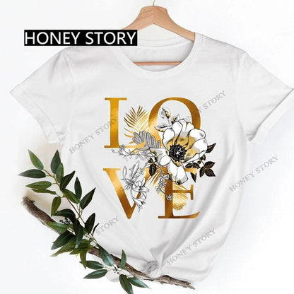 Love Heart Printing Fashion Short Sleeve Women T-shirt