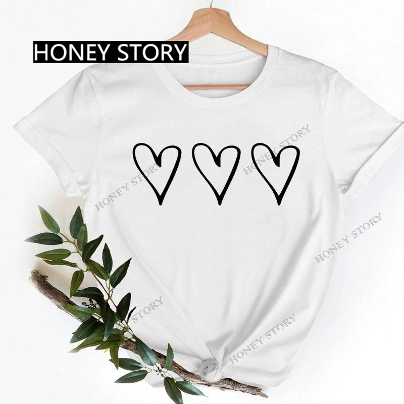 Love Heart Printing Fashion Short Sleeve Women T-shirt