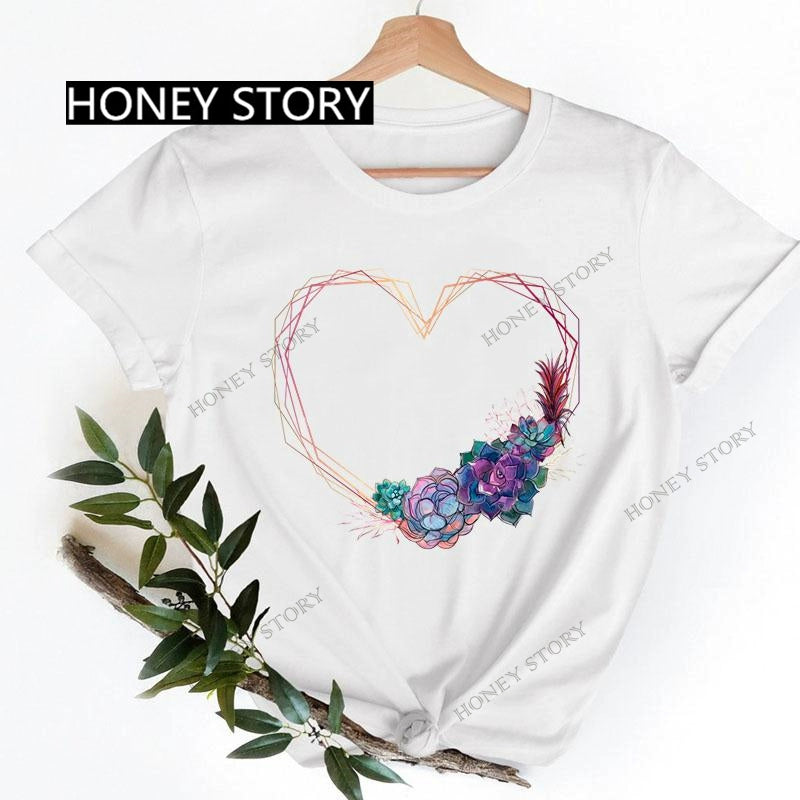 Love Heart Printing Fashion Short Sleeve Women T-shirt