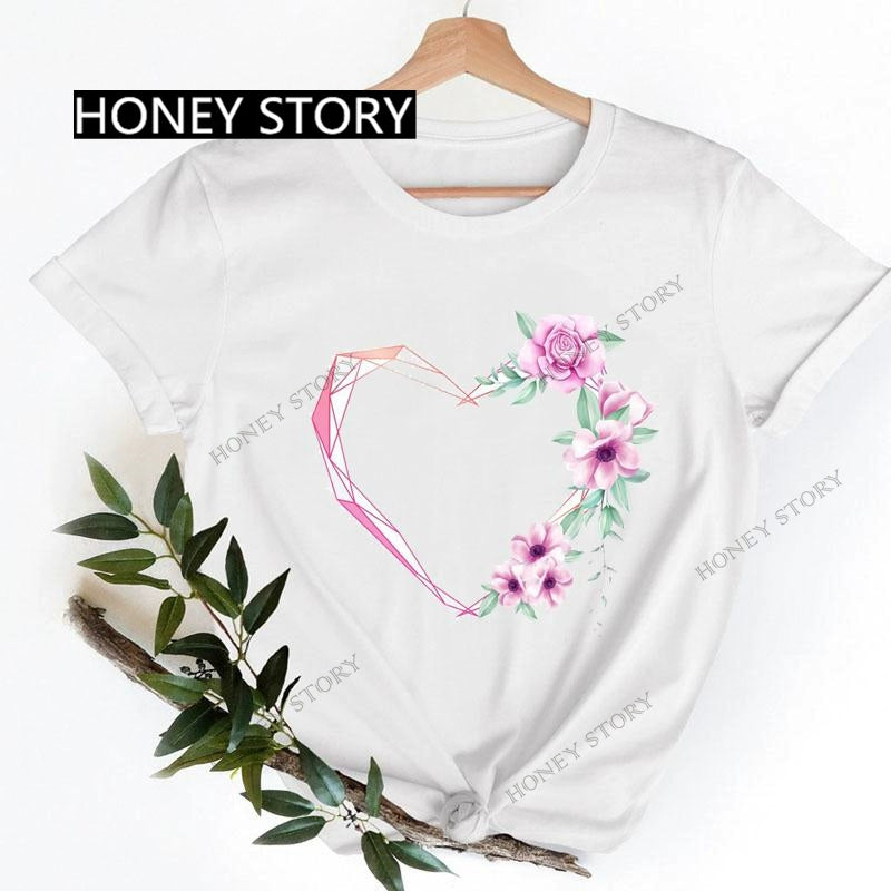 Love Heart Printing Fashion Short Sleeve Women T-shirt