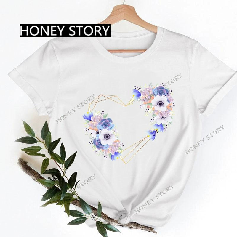 Love Heart Printing Fashion Short Sleeve Women T-shirt