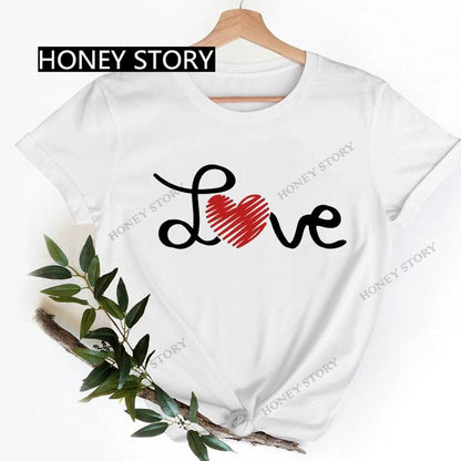 Love Heart Printing Fashion Short Sleeve Women T-shirt