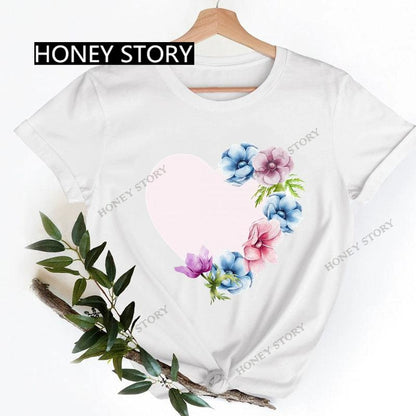 Love Heart Printing Fashion Short Sleeve Women T-shirt