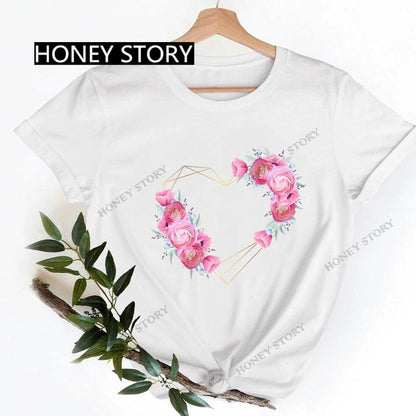 Love Heart Printing Fashion Short Sleeve Women T-shirt