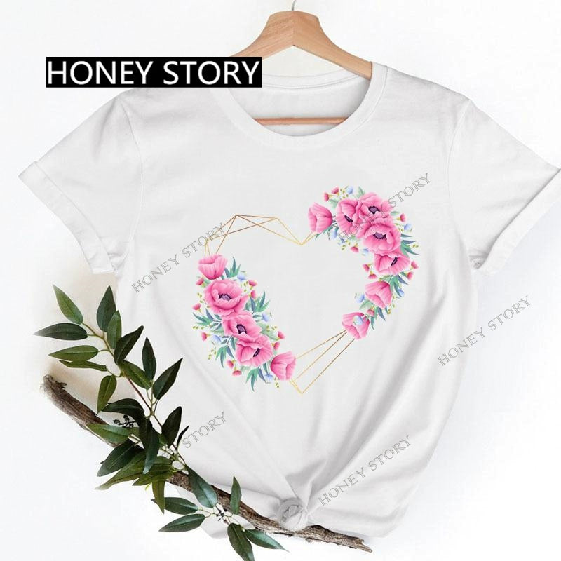 Love Heart Printing Fashion Short Sleeve Women T-shirt