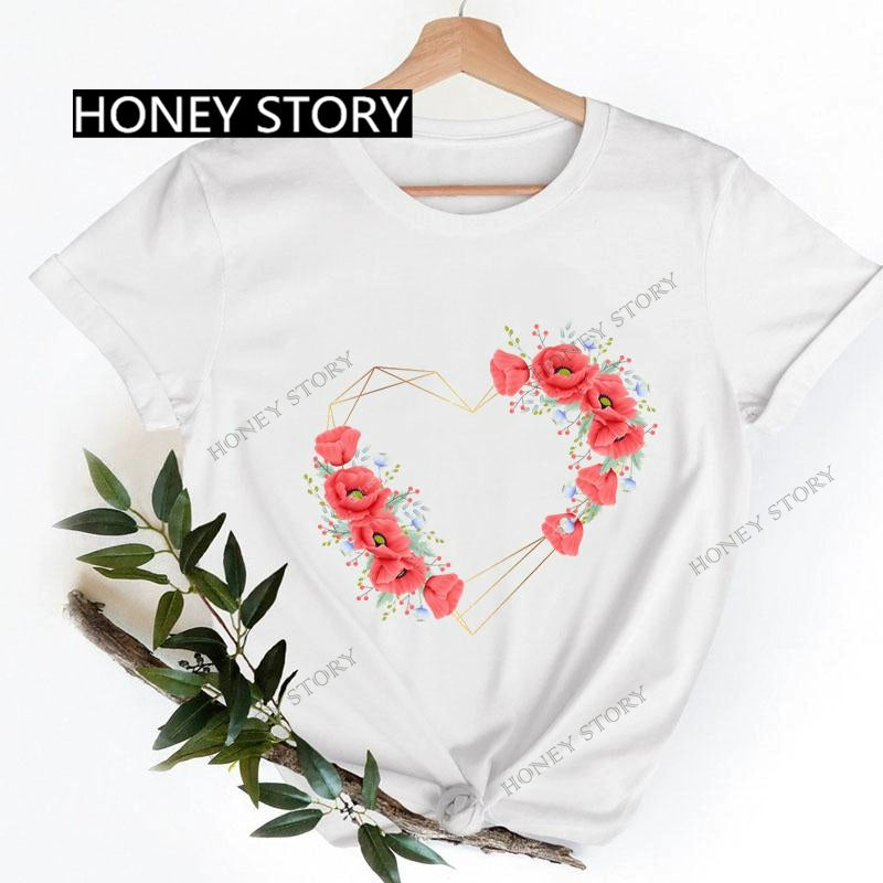 Love Heart Printing Fashion Short Sleeve Women T-shirt