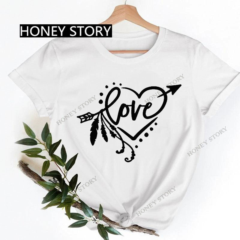 Love Heart Printing Fashion Short Sleeve Women T-shirt