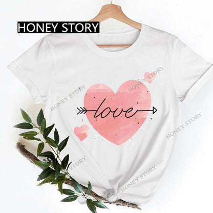 Love Heart Printing Fashion Short Sleeve Women T-shirt