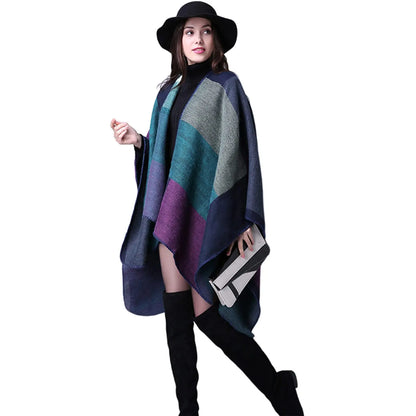 Thicken Winter Shawl Wraps Cape Women Fall Ponchos Plus Size Block Plaid Open Front Sweater Fleece Scarf