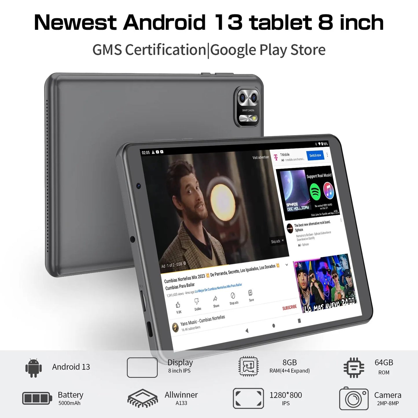 PRITOM 8 Inch Tablet Android 13, 8GB(4+4 Expand) RAM 64GB ROM,1TB Expand