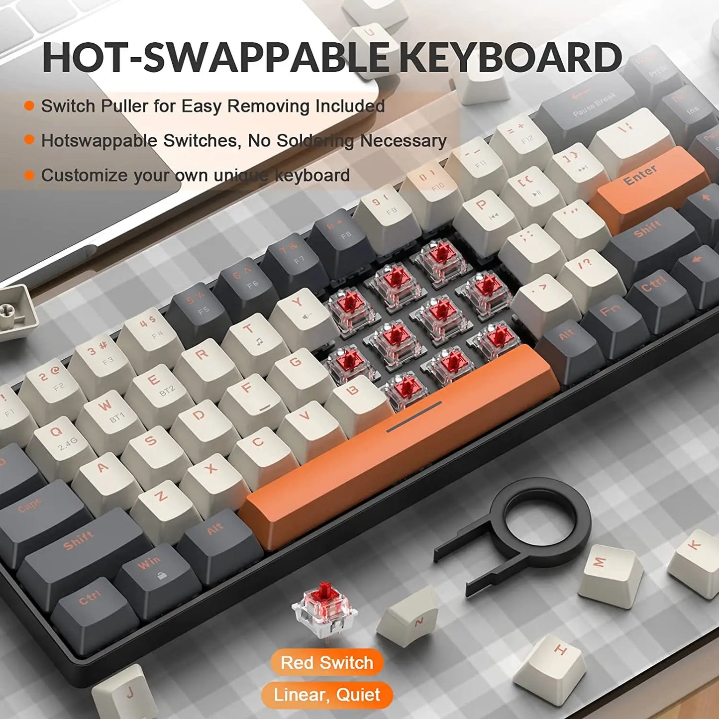 K68 60% Wireless Mechanical Keyboard, Bluetooth 5.0/2.4GHz 68 Keys Hot Swappable Red Switch for PC