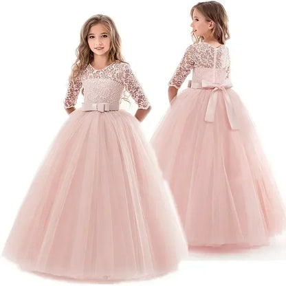 Flower Girl Lace Full- Length Dress for Kids Wedding Bridesmaid Pageant Party Prom Formal Ball Gown Princess Puffy Tulle Dresses