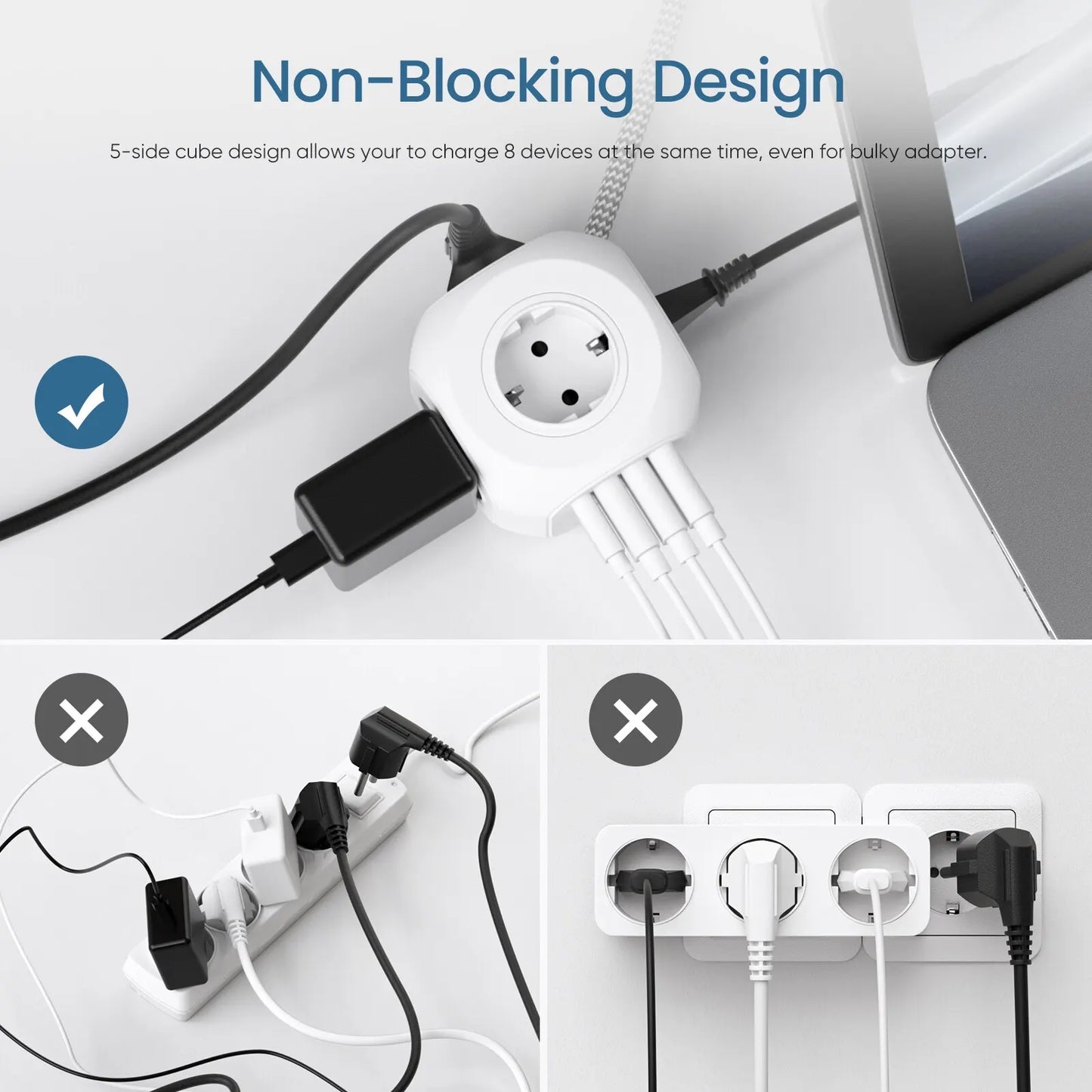 LENCENT EU Plug Power Strip with 4 AC Outlets 3 USB Port 1 Type C 2M/3M Braided Cable Multi Socket with Switch for Home