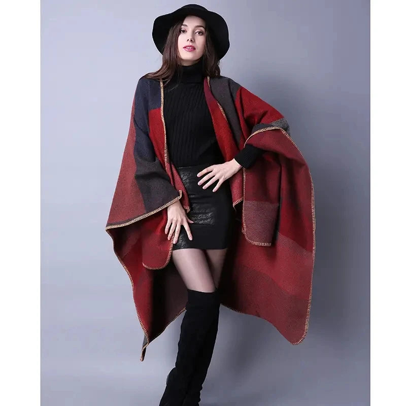 Vintage Color Block Shawl Imitation Cashmere Warm Wrap Poncho Capes