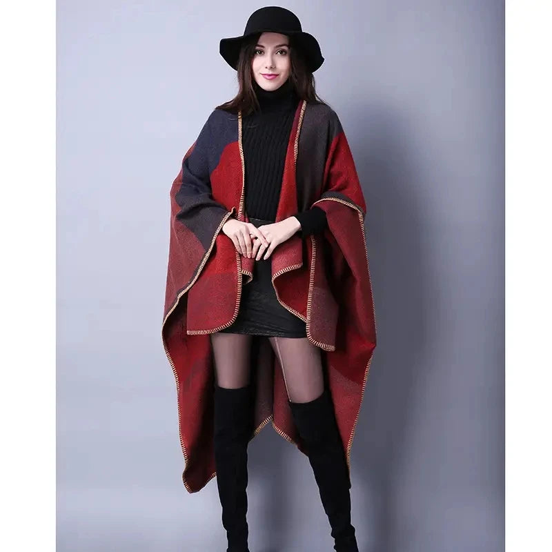 Vintage Color Block Shawl Imitation Cashmere Warm Wrap Poncho Capes