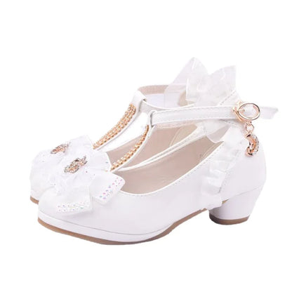 Christmas Gift Children Party Leather Shoes Girls PU Low Heel Lace Flower Kids Shoes For Girls Single Shoes Dance Dress shoe White Pink