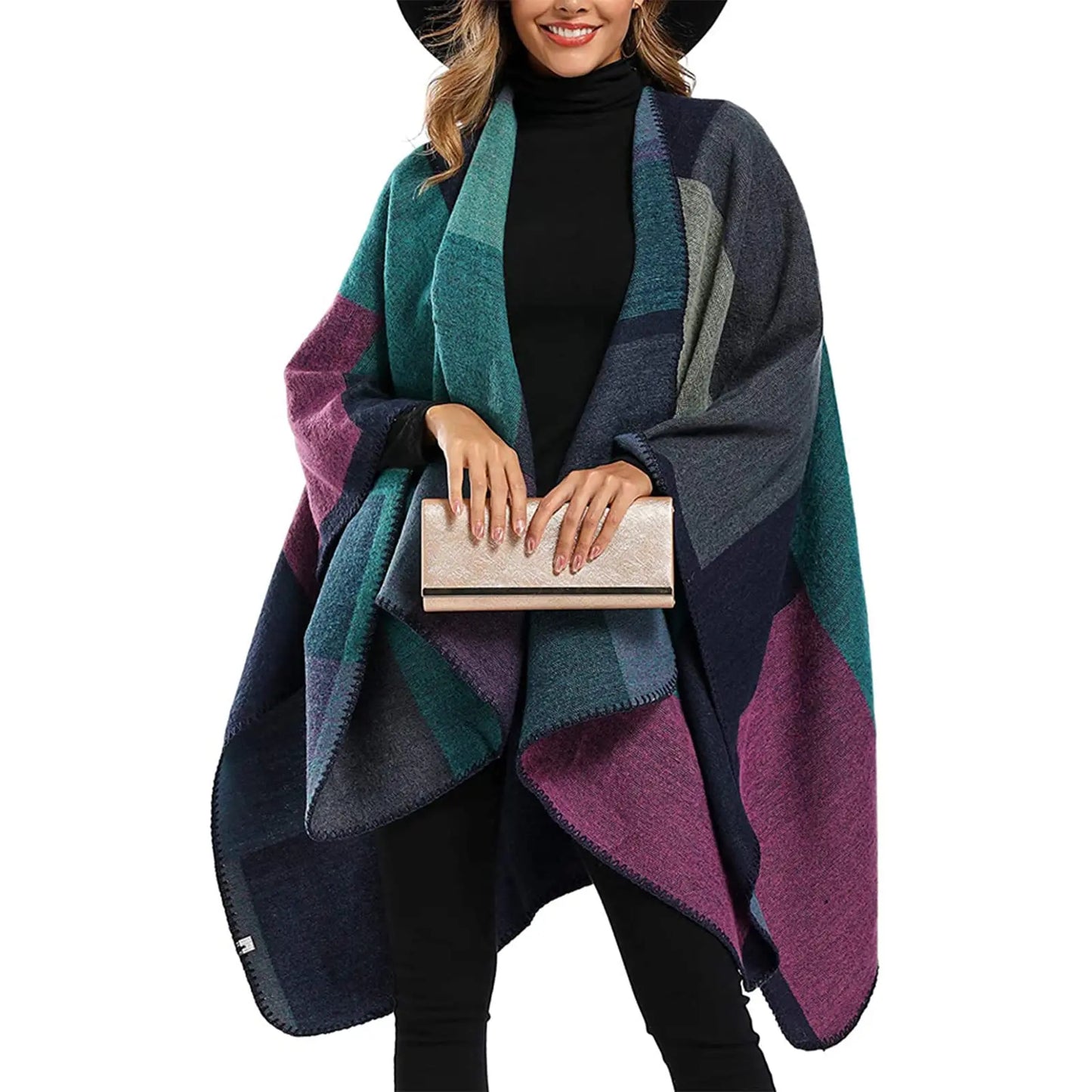 Thicken Winter Shawl Wraps Cape Women Fall Ponchos Plus Size Block Plaid Open Front Sweater Fleece Scarf