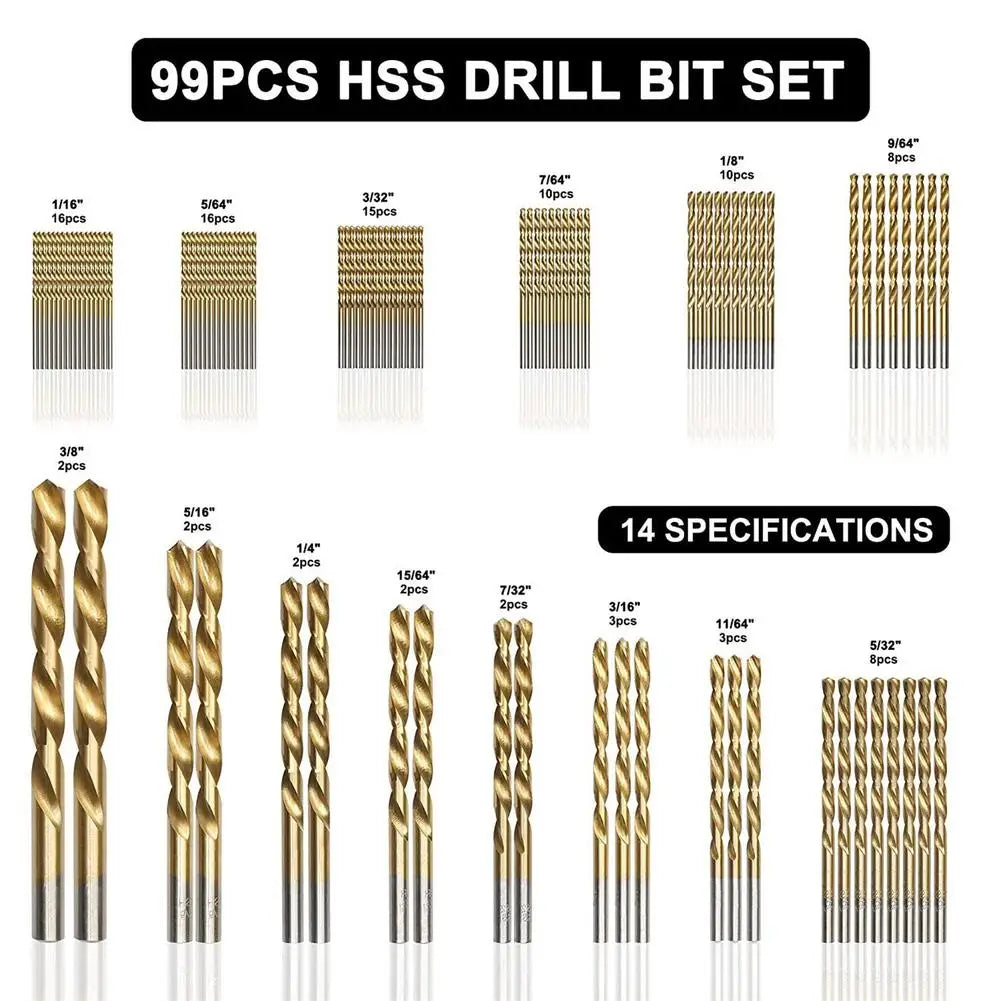 Twist Drill Bit Set, 99 Pcs Titanium-Coated Twist Drill Bits -Anti-rust Wear Protection