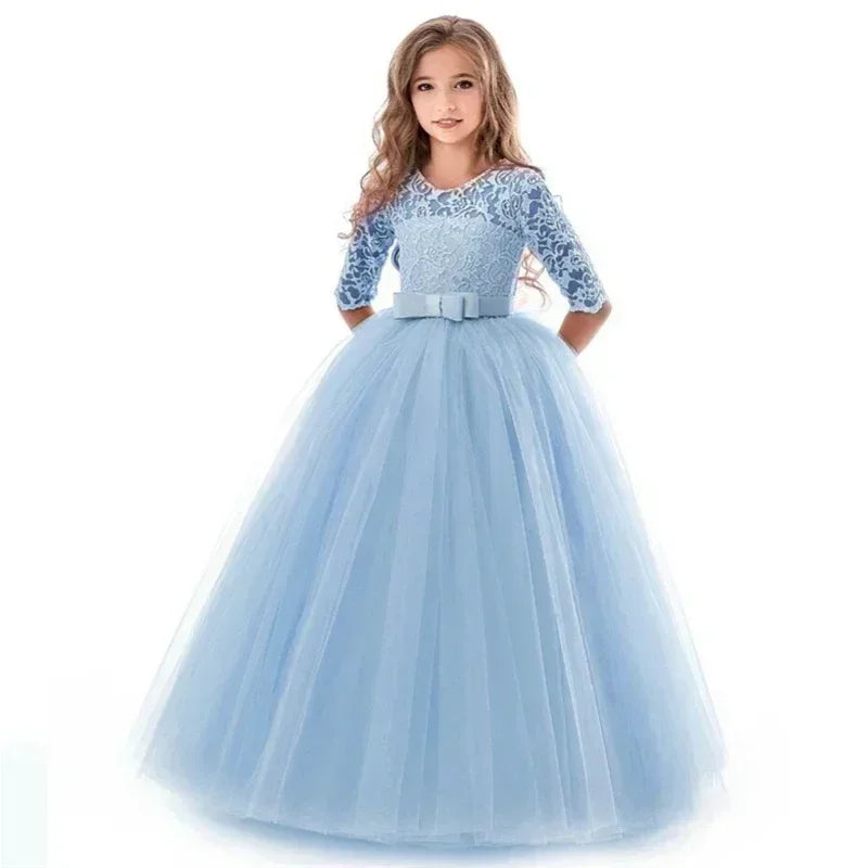 Flower Girl Lace Full- Length Dress for Kids Wedding Bridesmaid Pageant Party Prom Formal Ball Gown Princess Puffy Tulle Dresses