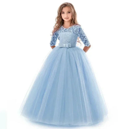 Flower Girl Lace Full- Length Dress for Kids Wedding Bridesmaid Pageant Party Prom Formal Ball Gown Princess Puffy Tulle Dresses