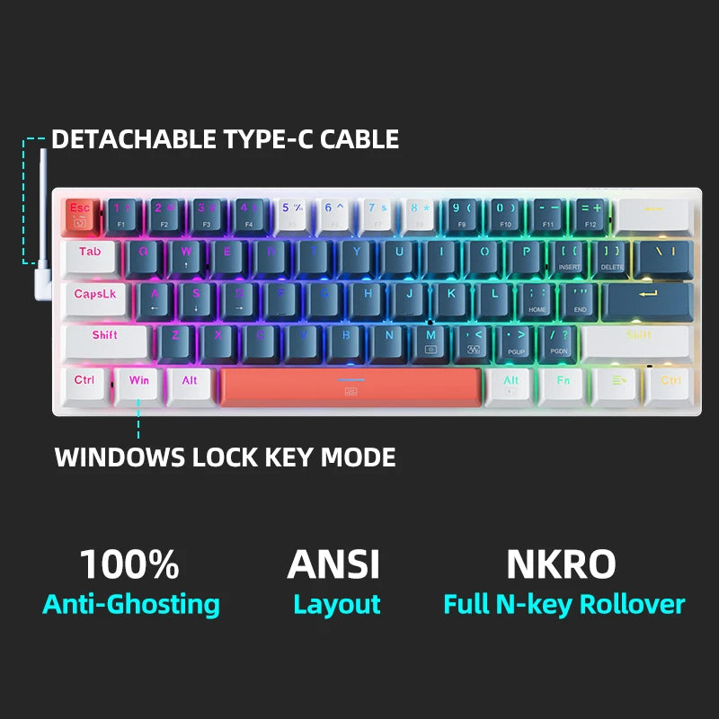 Machenike K500-B61 Mini Mechanical Keybaord 60% Form Factor 61Keys Gaming Keyboard Wired