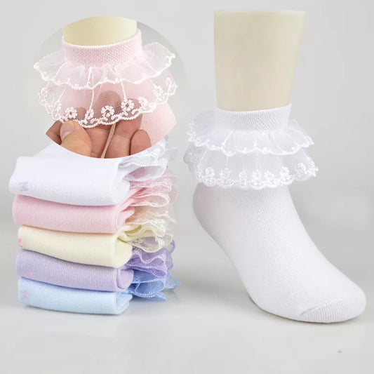 3 Pairs/Lot Baby Girls Lace Mesh Ankle Socks White Pink Blue Princess Ruffle Breathable Cotton Short Sock