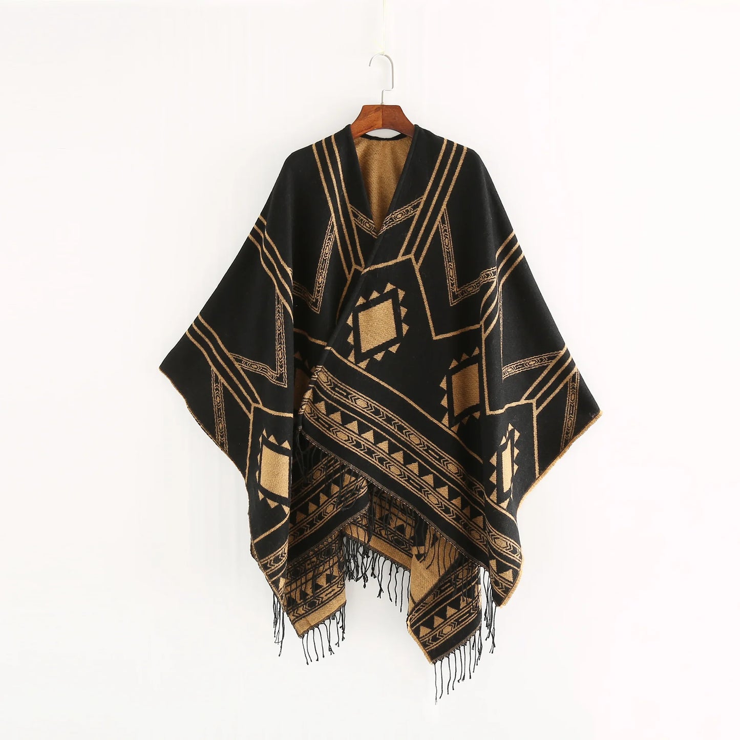 Cloak Poncho Capes New Indian Nepalese Style Geometric Tassel Split Women Shawl Warm Air Conditioning Room Lady Blue