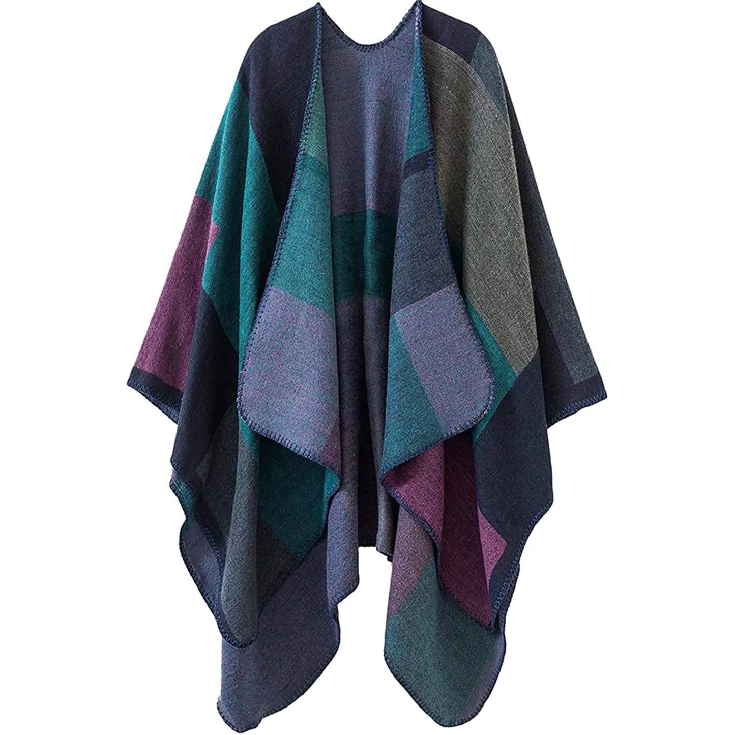 Thicken Winter Shawl Wraps Cape Women Fall Ponchos Plus Size Block Plaid Open Front Sweater Fleece Scarf