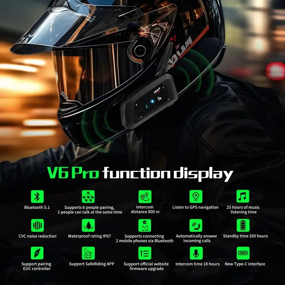 EJEAS V6 PRO Motorcycle Intercom Helmet Bluetooth Headset 6 Riders 800m Communicator Waterproof