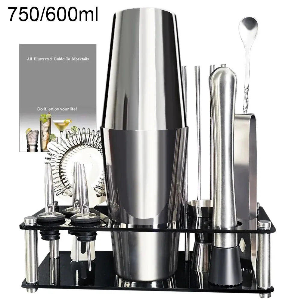 13-22Pcs 750ml 600ml Boston Cocktail Shaker Bar Tool Set Bartender Kit w/ Holder