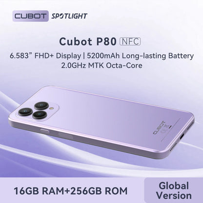 CUBOT P80 Smartphone Unlocked - 16GB RAM+512GB ROM Android 13 Cell Phone,6.58" FHD+ Display,5200mAh Battery, 48MP+24MP Camera,4G Dual SIM Phone with Headphone/Fingerprint Unlock/GPS(Light Blue)