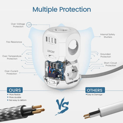 LENCENT EU Plug Power Strip with 4 AC Outlets 3 USB Port 1 Type C 2M/3M Braided Cable Multi Socket with Switch for Home