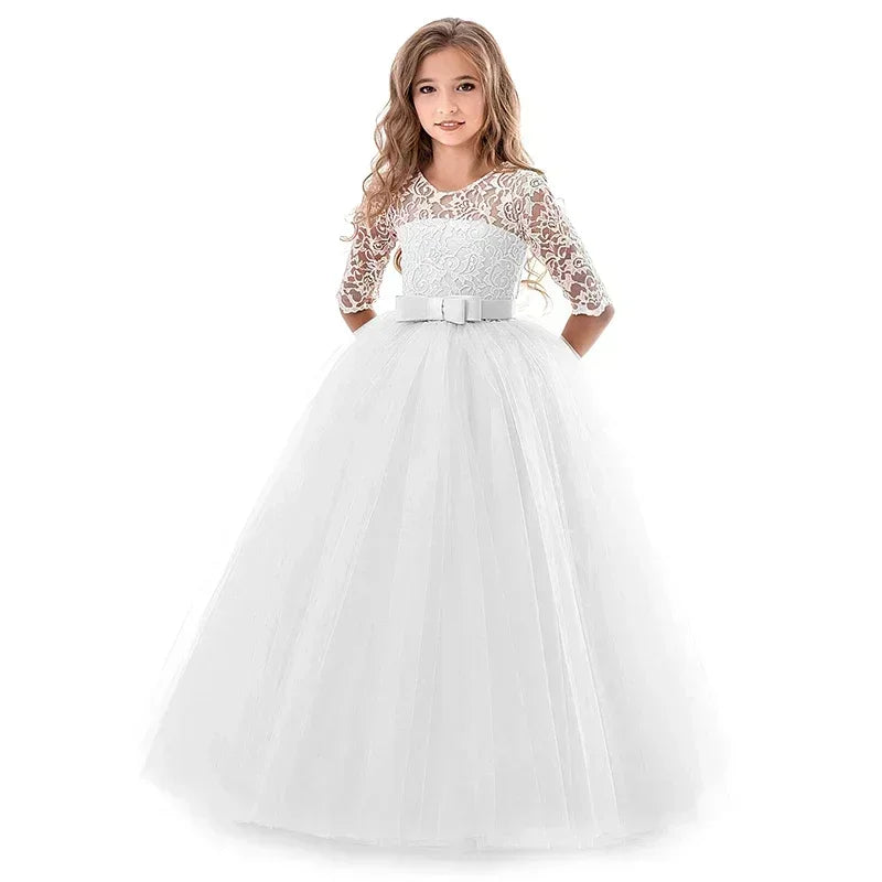 Flower Girl Lace Full- Length Dress for Kids Wedding Bridesmaid Pageant Party Prom Formal Ball Gown Princess Puffy Tulle Dresses