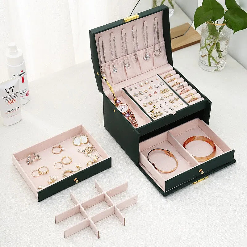 Three Layers Drawer Type Jewelry Earring Leather Box With Lock Box