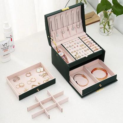 Three Layers Drawer Type Jewelry Earring Leather Box With Lock Box