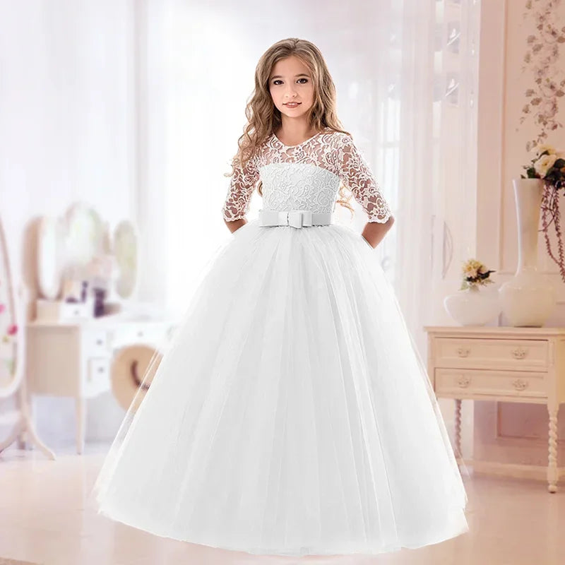 Flower Girl Lace Full- Length Dress for Kids Wedding Bridesmaid Pageant Party Prom Formal Ball Gown Princess Puffy Tulle Dresses