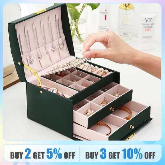 Three Layers Drawer Type Jewelry Earring Leather Box With Lock Box