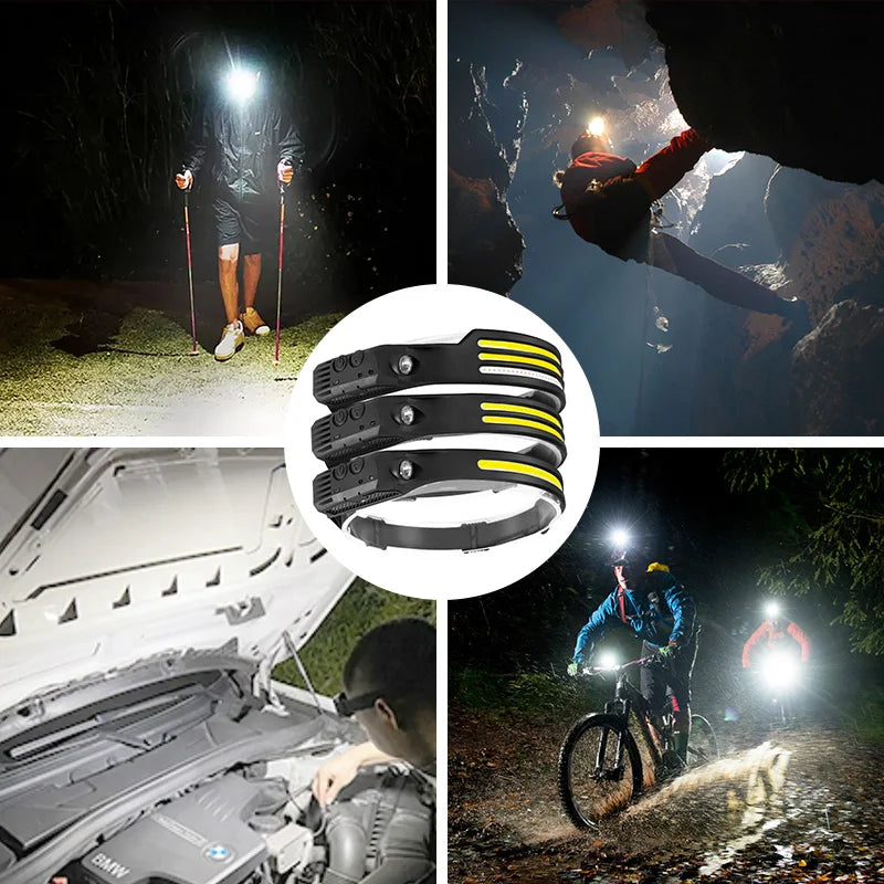 COB LED Headlamp USB Rechargeable Headlight Bar Torch Work Light Head Band Lamp