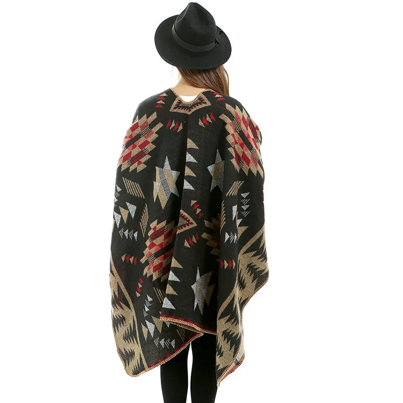 Women Print Poncho Winter Warm Coat Cloak Cape Loose Streetwear Drop Cardigan Top