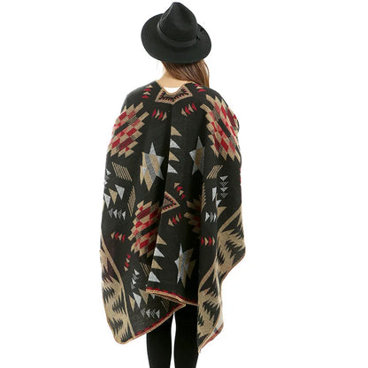 Women Print Poncho Winter Warm Coat Cloak Cape Loose Streetwear Drop Cardigan Top