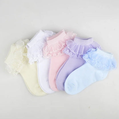 3 Pairs/Lot Baby Girls Lace Mesh Ankle Socks White Pink Blue Princess Ruffle Breathable Cotton Short Sock