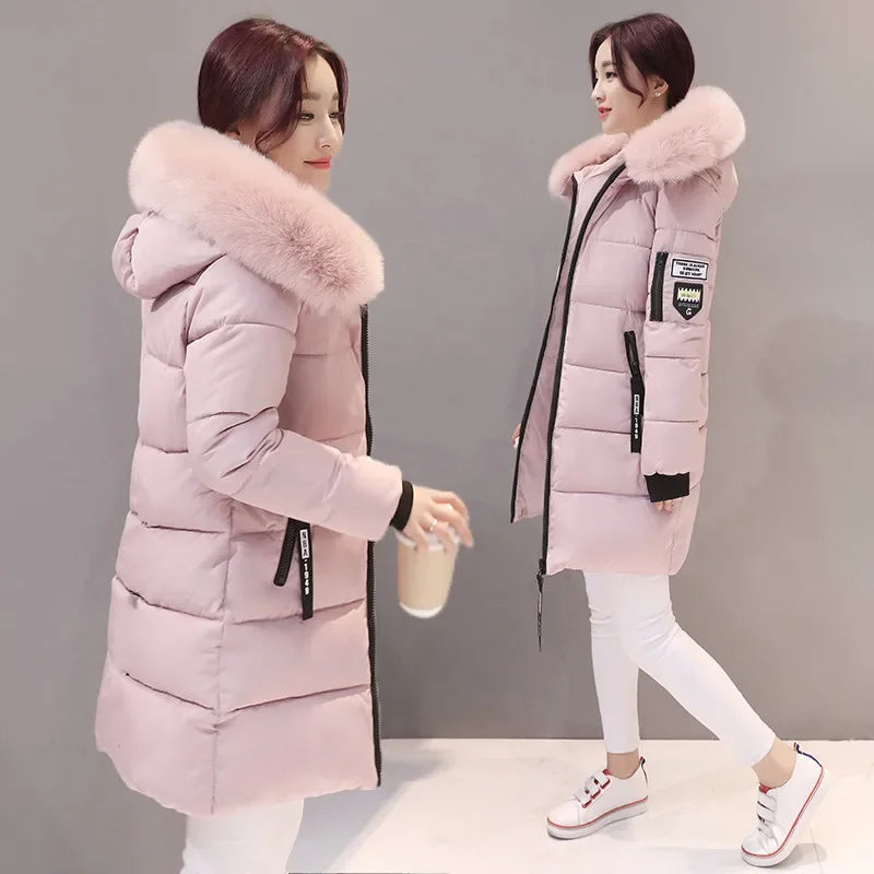 Women Cotton Parka Winter Faux Fur Collar Hooded Coat Long Jacket