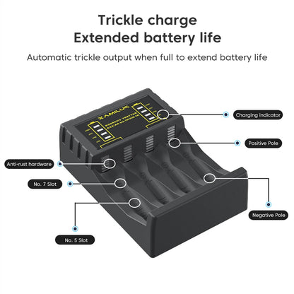 Battery Charger 4 Slot Intelligent Fast Charge With Indicator For 1.2V NiMH NiCd AAA/AA Rechargeable Batteries USB C Micro Jack