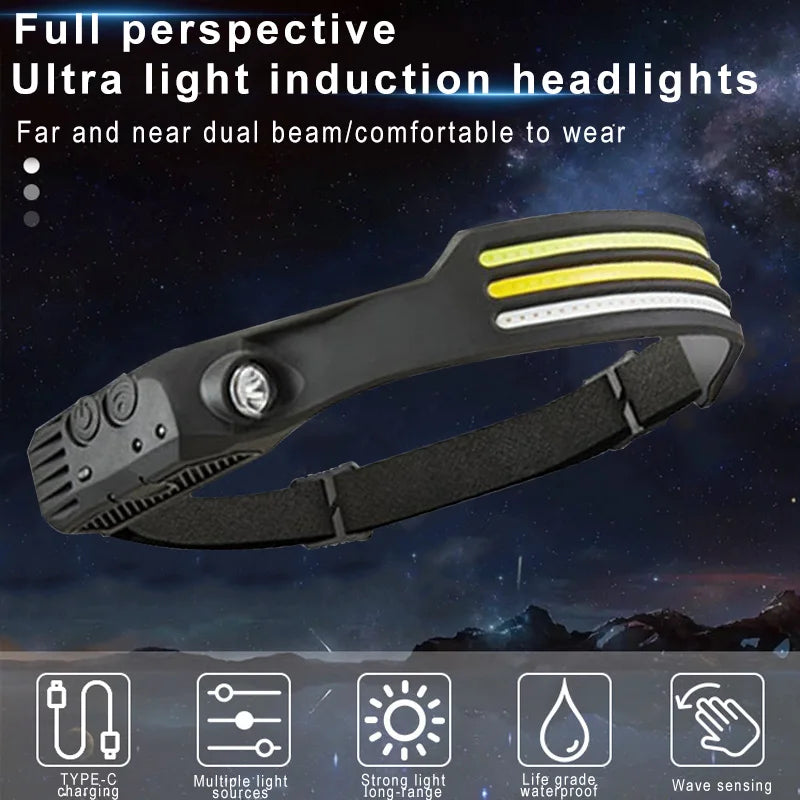 COB LED Headlamp USB Rechargeable Headlight Bar Torch Work Light Head Band Lamp