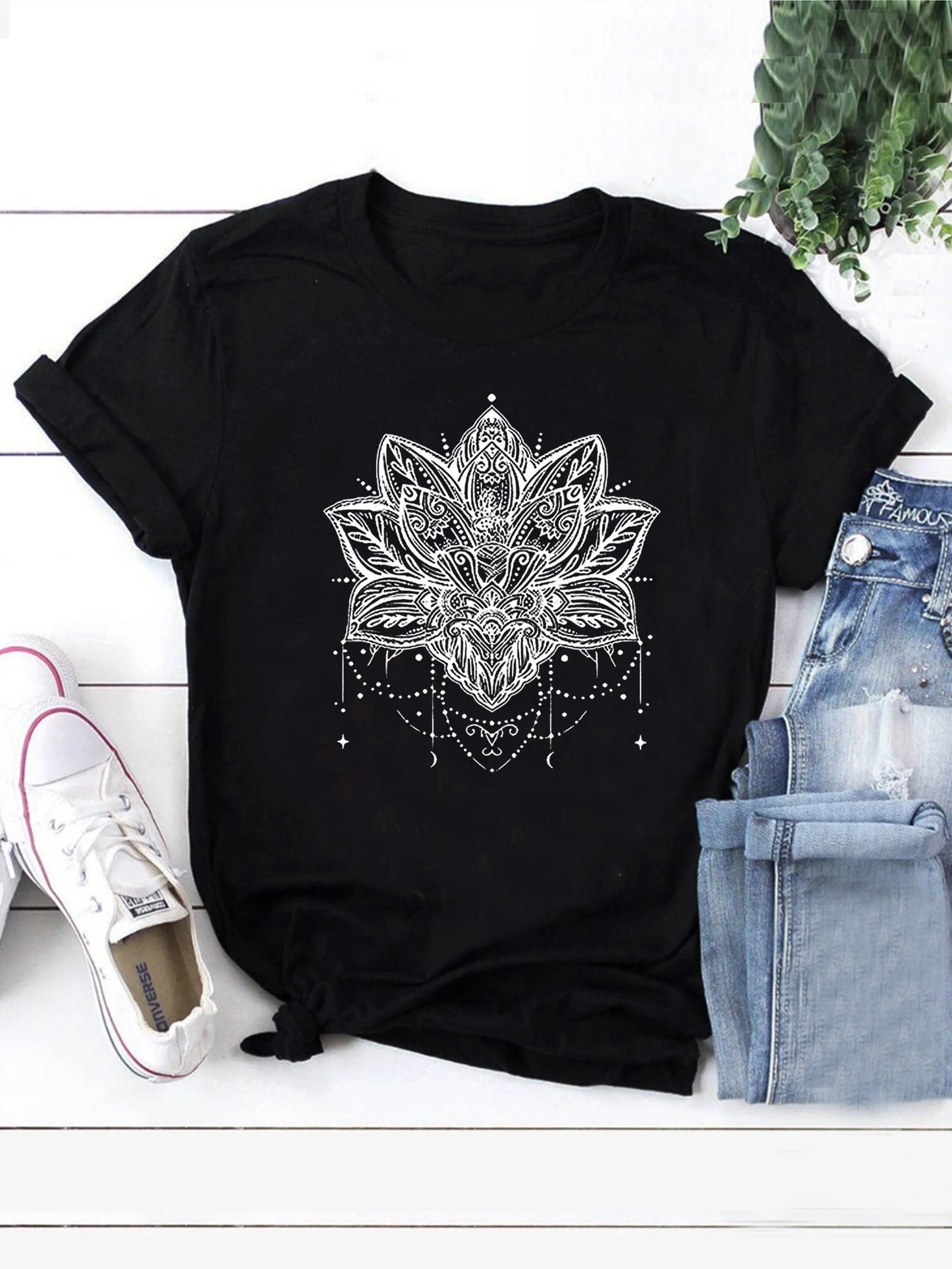 Mandala Shirt for Women Lotus Flower Graphic Tees Short Sleeve Casual Mandala T Shirts Tops