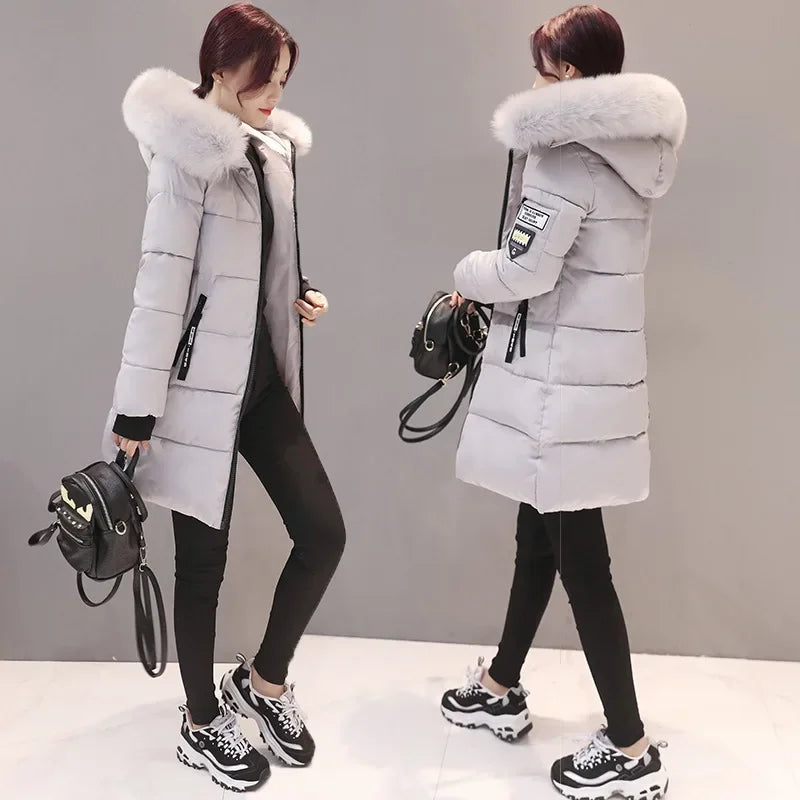 Women Cotton Parka Winter Faux Fur Collar Hooded Coat Long Jacket