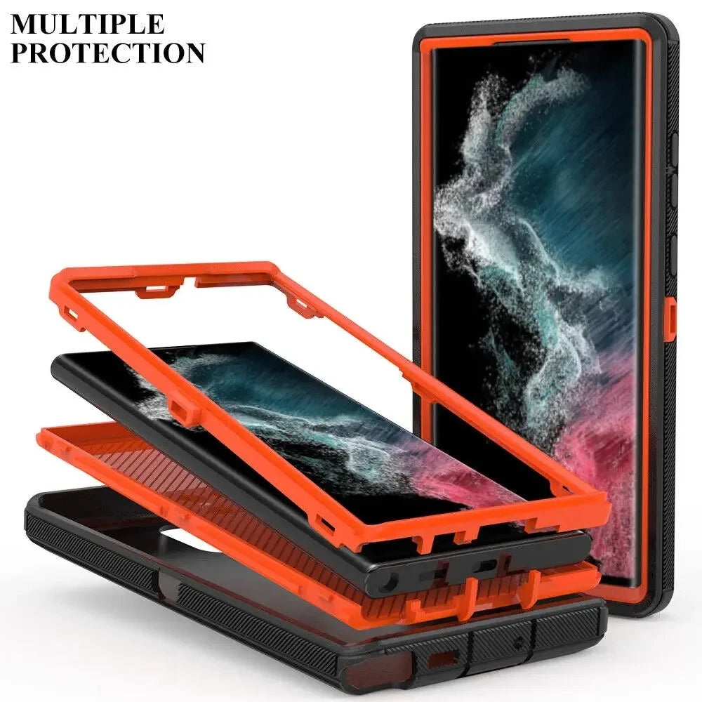 3 IN1 For Samsung Galaxy S22 S21 S20 S23 S24 ULTRA S10 Plus Note 20 10 9 8 Heavy Duty Armor Shockproof + Belt Clip Case Cover