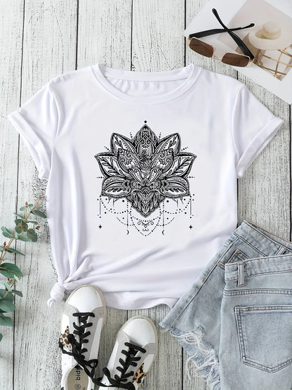 Mandala Shirt for Women Lotus Flower Graphic Tees Short Sleeve Casual Mandala T Shirts Tops