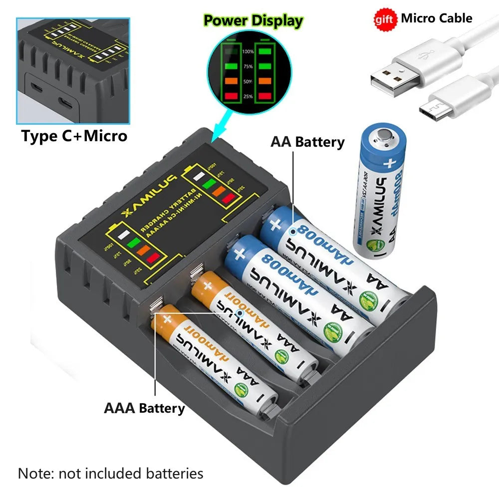 Battery Charger 4 Slot Intelligent Fast Charge With Indicator For 1.2V NiMH NiCd AAA/AA Rechargeable Batteries USB C Micro Jack