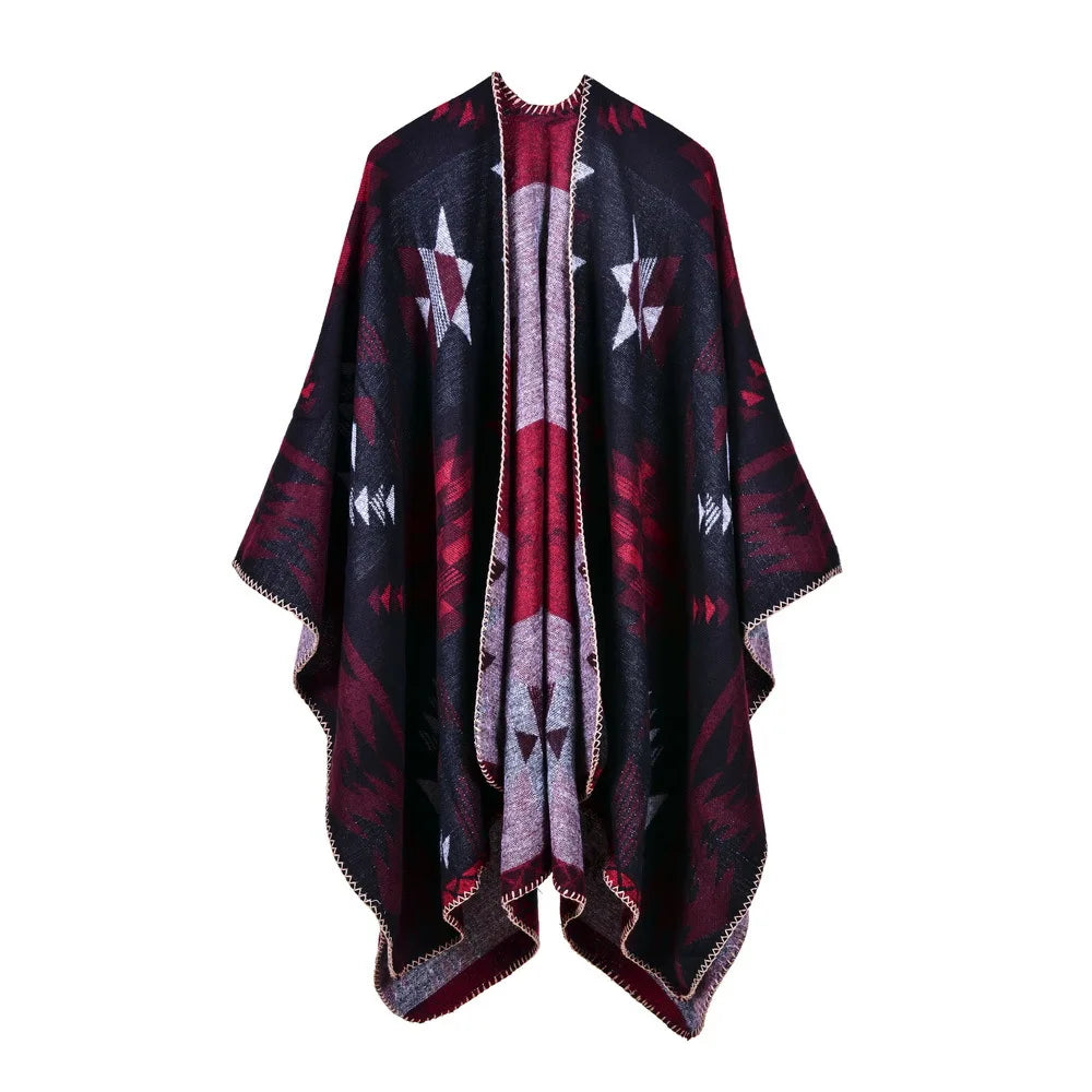 Women Print Poncho Winter Warm Coat Cloak Cape Loose Streetwear Drop Cardigan Top